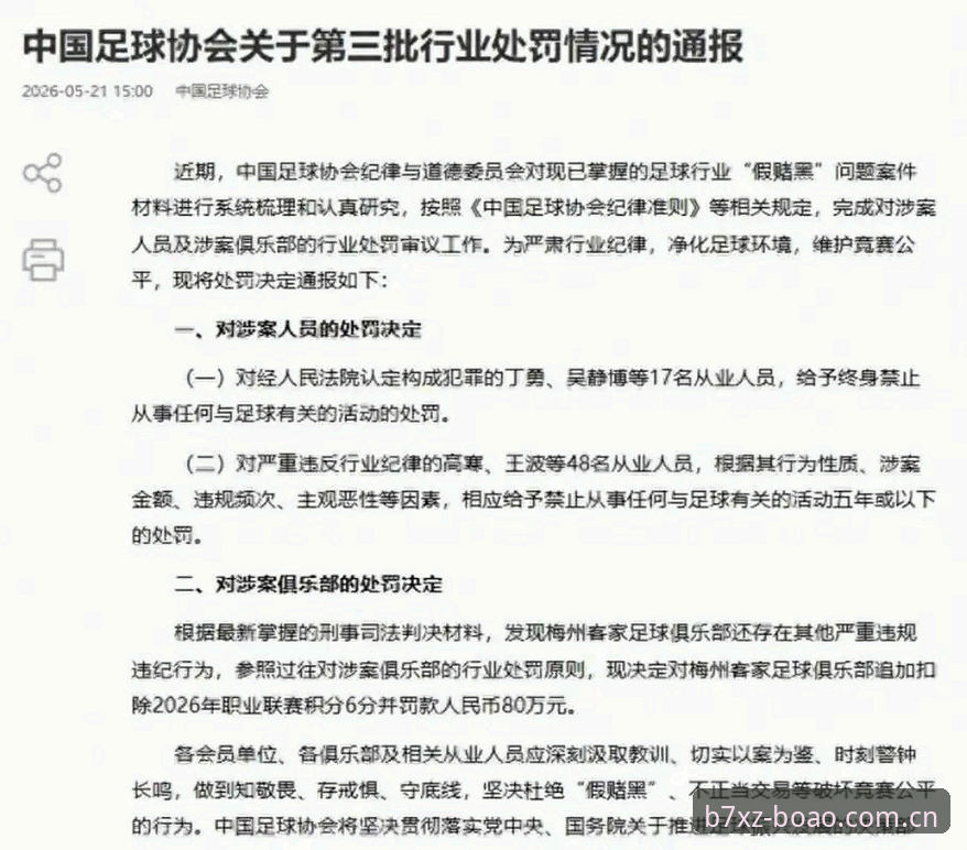 博澳B7XZ注册 足协第三批禁足名单详解:65人受罚,终身禁足与五年禁赛的深层影响